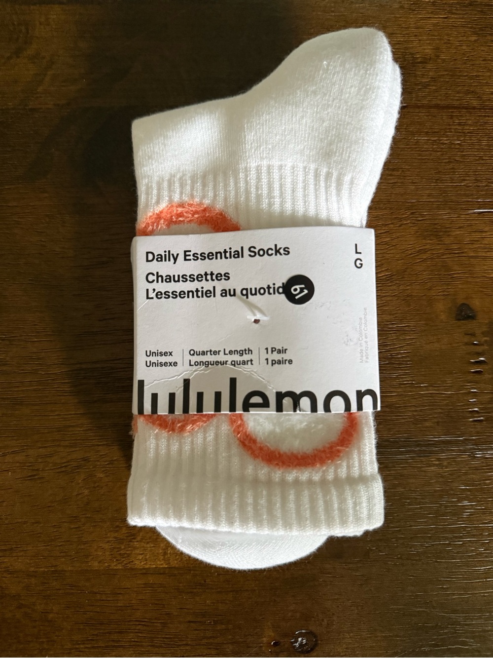 Lululemon NWT Daily Essential Socks SZ LWhite with Orange Accent